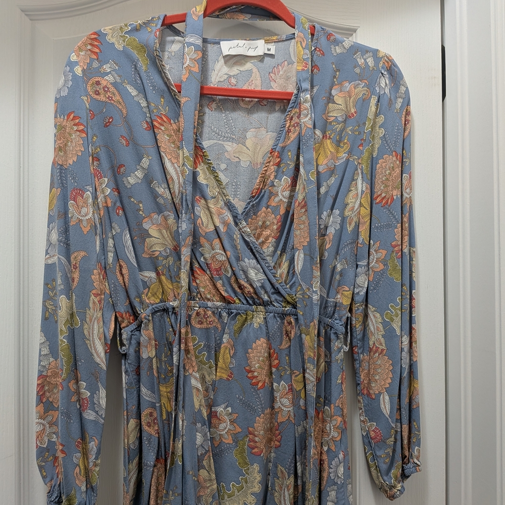 Petal & Pup Blue Floral Wrap Blouse with Pink, Yellow & Green Accents